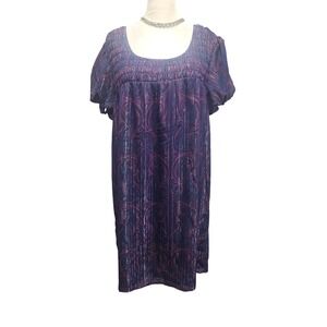 Elle Purple Paisley Metallic Smocked Shift Dress Womens Medium Short Sleeve